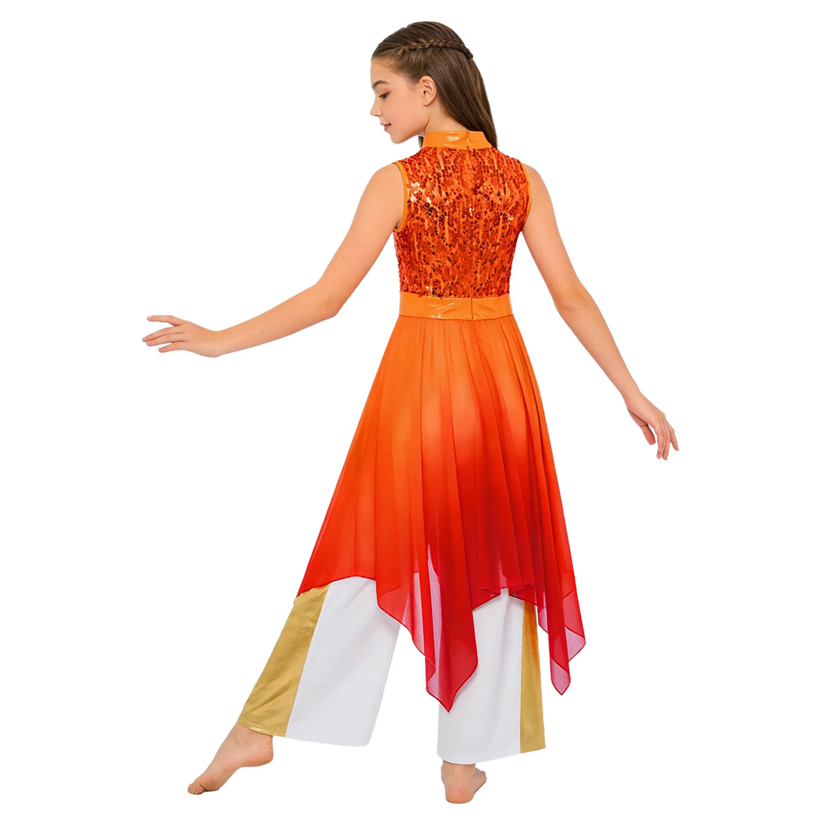

Kids Girls Liturgical Church Worship Dance Outfit Praise Lyrical Choir Dancewear Sleeveless Sequins Chiffon Tunic Dress+Pants