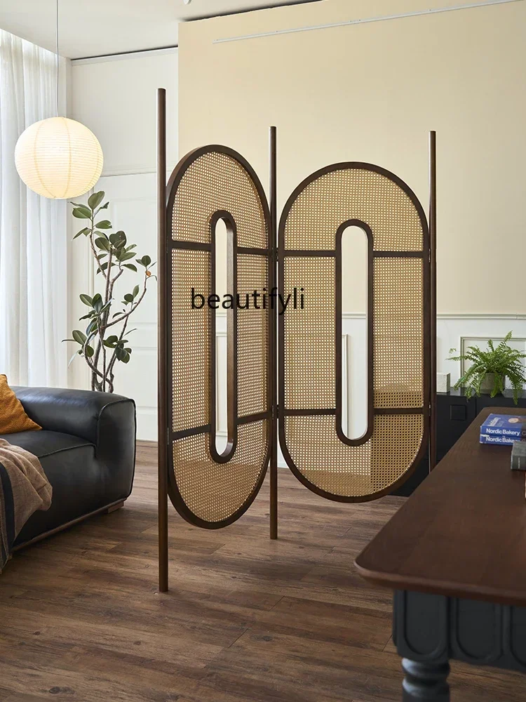 Nordic retro solid wood rattan screen B & B hotel restaurant decorative partition, mobile folding screen  H