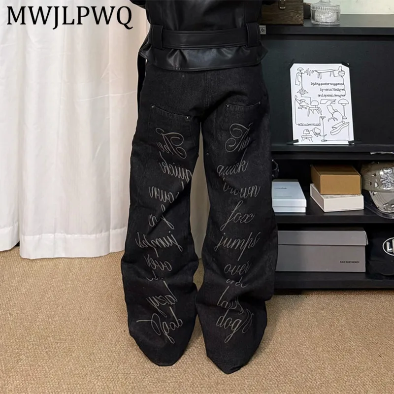

MWJLPWQ Pattern Patchwork Printed Basic Jeans For Men High Street Pocket Metal Design Baggy Hiphop Wide-Leg Denim Pants 14658