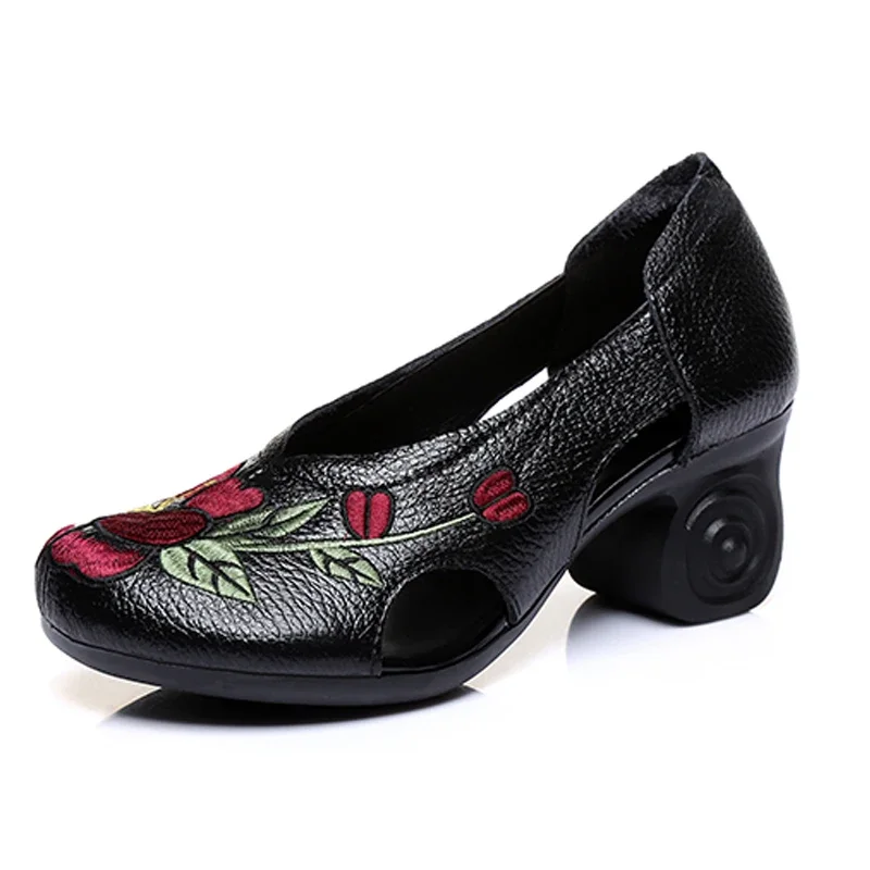 MVVJKE pompe primavera estate scarpe da donna Slip on ricama scarpe floreali Vintage da donna sandali in vera pelle con tacco grosso