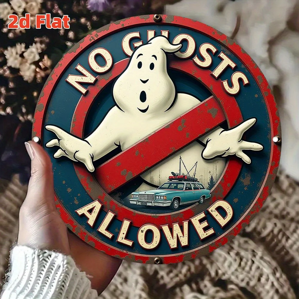 Sinal de metal 2D plano e plano Ghostbusters - Arte de parede de alumínio vintage, design "Sem fantasmas permitidos" com decoração circular vermelha e azul