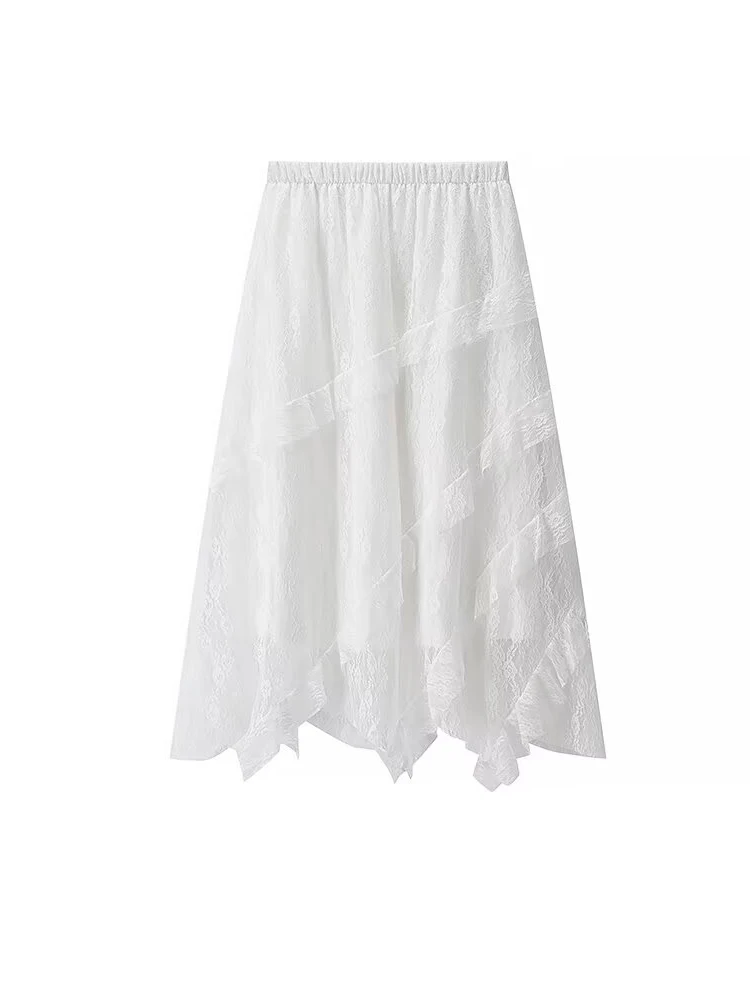 

Элегантная белая кружевная юбка миди для женщин с высокой талией, оборками, струящаяся, А-силуэта, для летних вечеринок