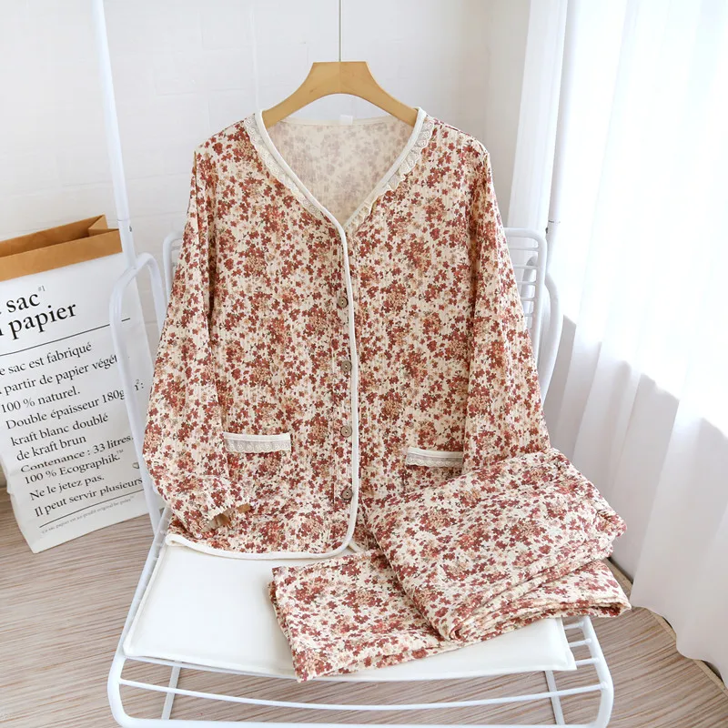 

Spring New Floral Printing Home Suit Womens Nightie Sleepwear Nighty Pure Cotton Long Sleeve Loungewear Female Pijamas Set