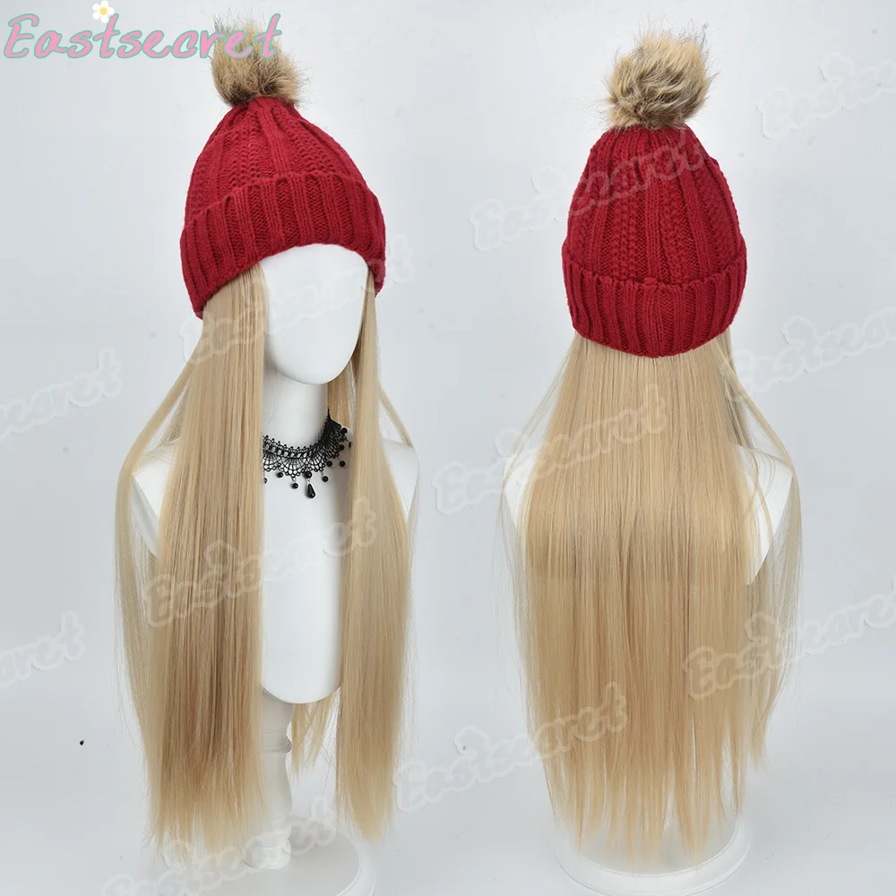 Long Wavy Curly black Knit synthetic Hat Wig Long Wavy Curly Hairpieces Attached Hat with Hair Winter Knit Warm Hat with Hairpie