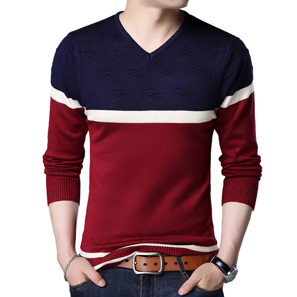 Warm V Neck Pullover  Knitted Jumper for Men  Striped Sweater  Slim Fit Knit Top  Red Gray  Suitable for Holiday Daily