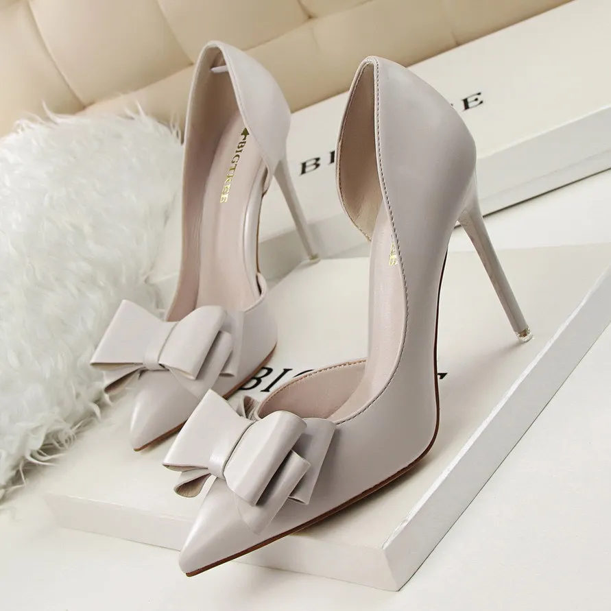 Korean Fashion Women's Shoes Wedding Party Bow High Heels Stiletto Heels Shallow Pointed Head Side Empty Thin Shoes Grace 3168-2