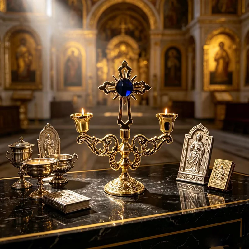 Exquisite Gold Alloy Orthodox Three Cup Cross Candlestick Multicolor Big Crystal Floral Hollow Relief