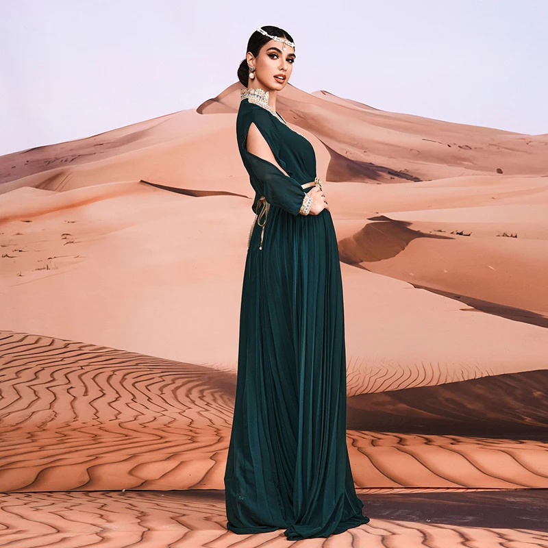 Muslim Abaya Women's Clothing Long Sleeve V Neck Dubai Arabic kaftan Green Cocktail Prom Evening Party Maxi Dresses