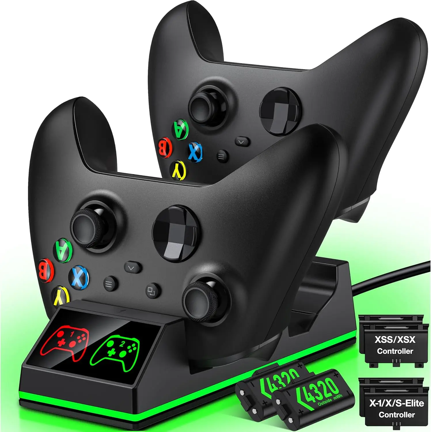 

DinoFire Xbox Controller Battery Pack - 2x 1200mAh Rechargeable, High Speed Charging Station, Black