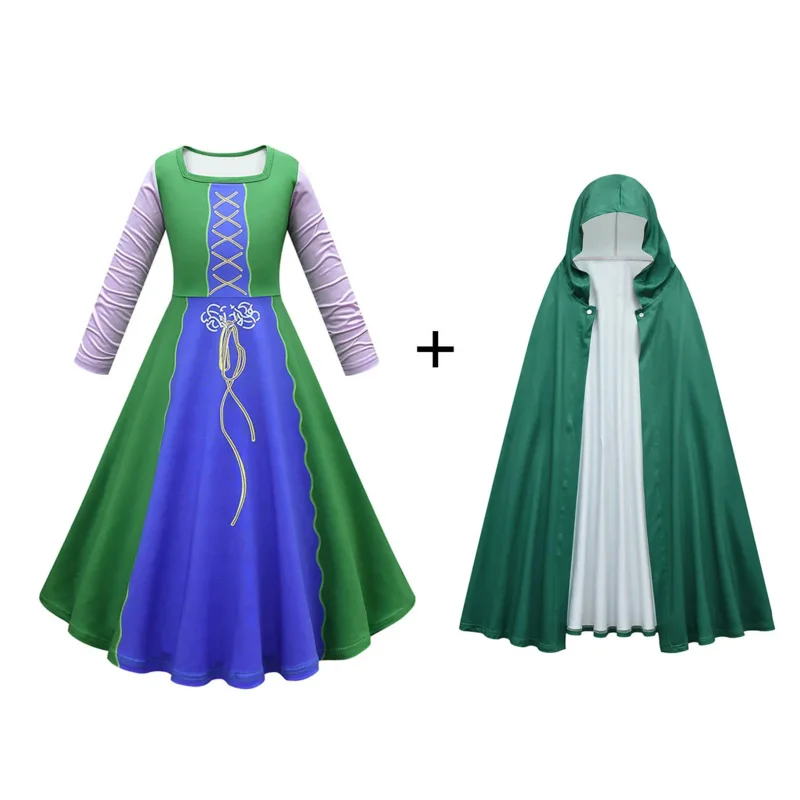 Qq38Kids Halloween Hocus Pocus chica Winifred vestir fiesta de carnaval Sarah Mary Sanderson hermanas bruja Cosplay disfraz con capucha C