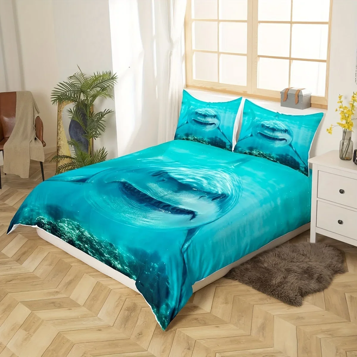 

3pcs Vibrant 3D Shark Bedding Set - Soft, Ocean-Inspired Duvet Cover With Shark Fish Print, Breathable, Hypoallergenic,No Filler