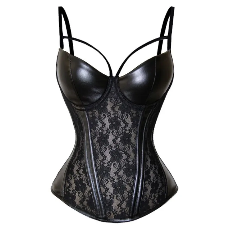 

Sexy Lingerie Half Chest Black Corset Cross Strap Lace Floral PU Leather Splicing Corset Exotic Costumes for Women Plus Size