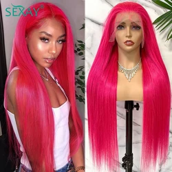 30 32 Inch Pink Lace Front Wig Human Hair 180 Density Hot Pink 13x4 HD Transparent Lace Front Brazilian Straight Human Hair Wigs