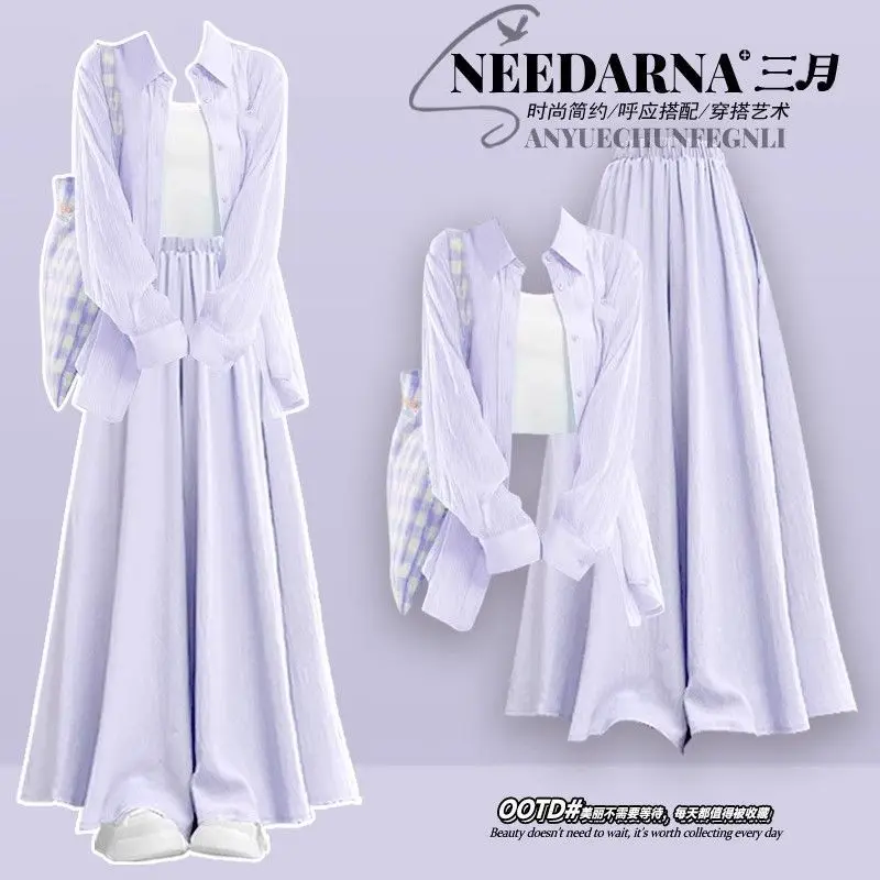 

Милые однотонные рубашки с воротником с лацканами, комплекты брюк, женский повседневный кардиган, топ, широкие брюки, элегантные комплекты