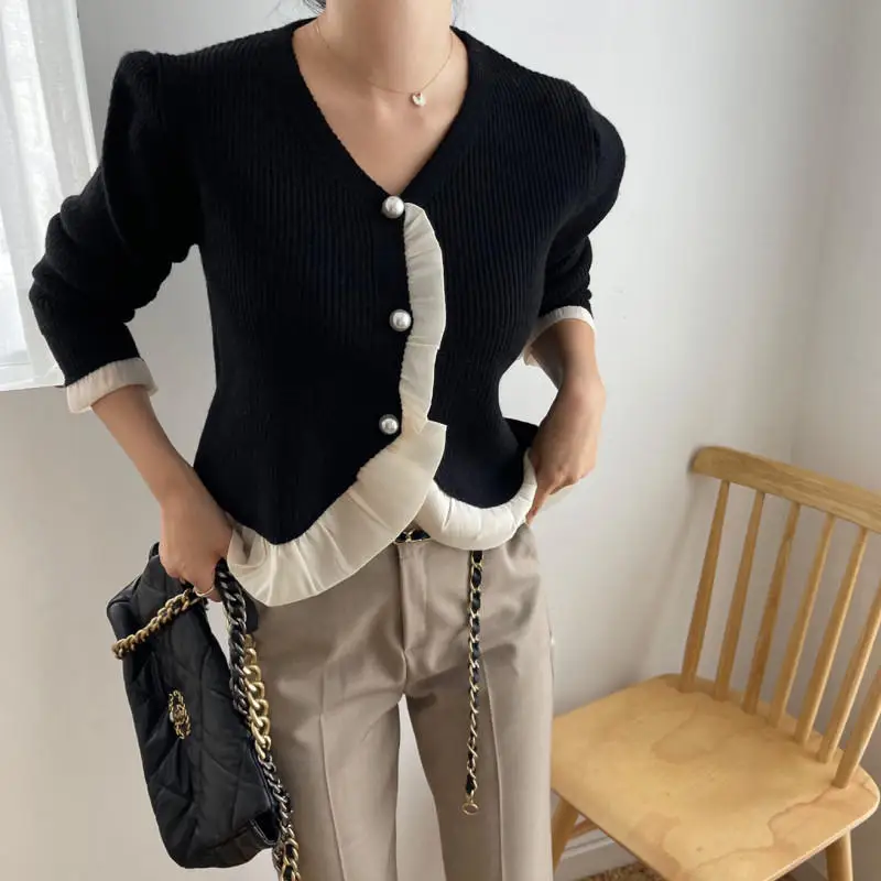 Korean Elegant Women Cardigan Sweater Autumn Winter Ruffles V-neck Long Sleeve Knit Coat Vintage Fashoin Chic Pearl Buttons Tops