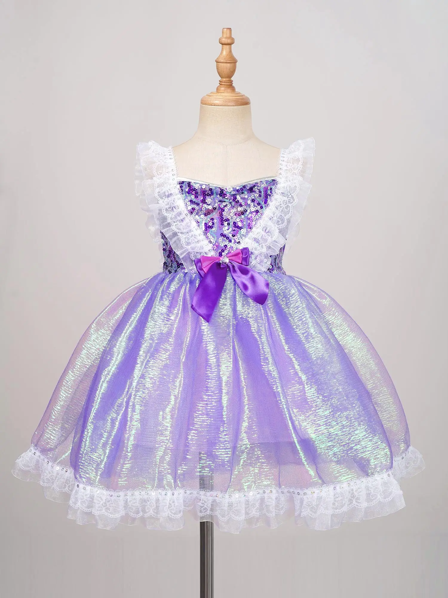 Kids Girls Princess Dress Children’s Day Birthday Party Outfit Ruffle Lace Trim Sleeveless Dresses with Bow Hair Clip Sequined