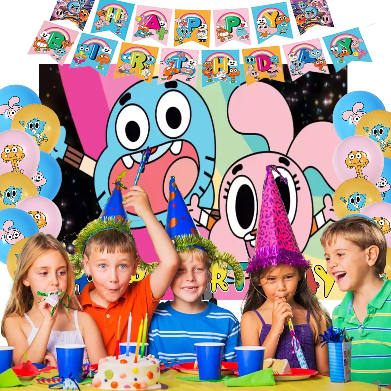 Cartoon Gumball Geburtstagsparty-Zubehör Erstaunliche Welt Happy Birthday Ballon-Banner Cupcake-Topper Hintergrund für Kinderparty-Dekoration – Detail 7