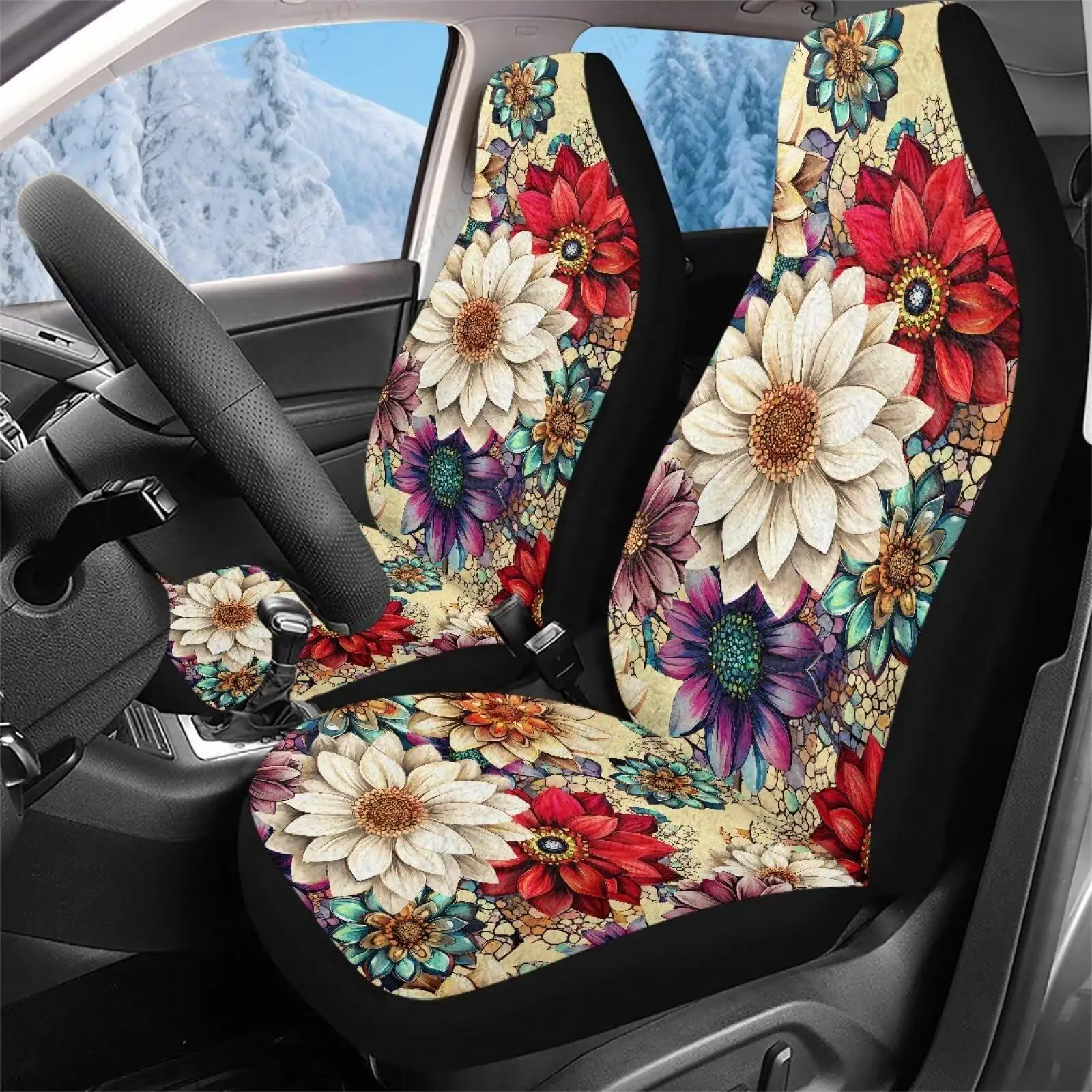 

Dahlia Flower Fluffy Car Seat Covers Vehicle Seat Covers for Cold Weather Short Plush Warm Cozy Automotive Seat Covers