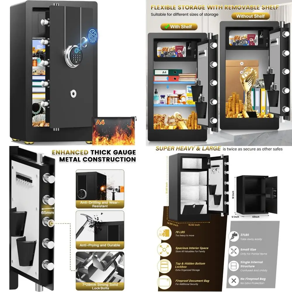 

Прочный биометрический сейф на 8,5 кубических ножках с огнестойкой и водонепроницаемой защитой, большим хранилищем для документов и скрытым нижним отделением.