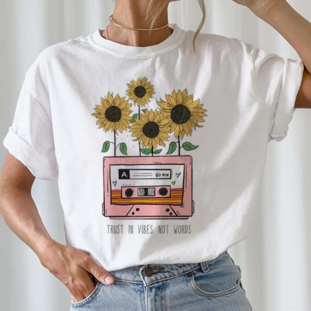 Camiseta de manga curta feminina, Flores de plantas estampadas, Top Padrão Girassol, Roupa de verão, Doce roupa fofa Anos 90, moda