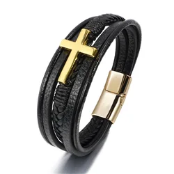ZG Hot Selling European and American Cross Leather Bracelet For Men Multi Layer Hand Woven Genuine Leather Bracelet