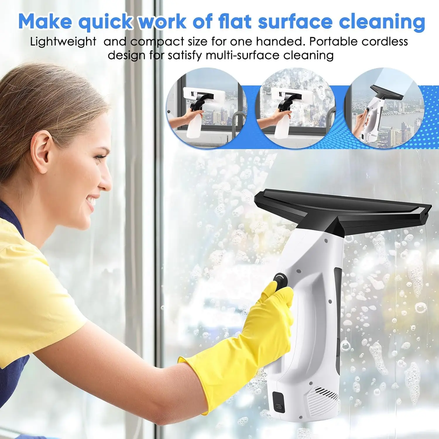 Window Vacuum Squeegee Cordless, Handheld Window Vac with Multi-Purpose Spray Bottle & Microfiber Cloth, Electric Cleaning Tool