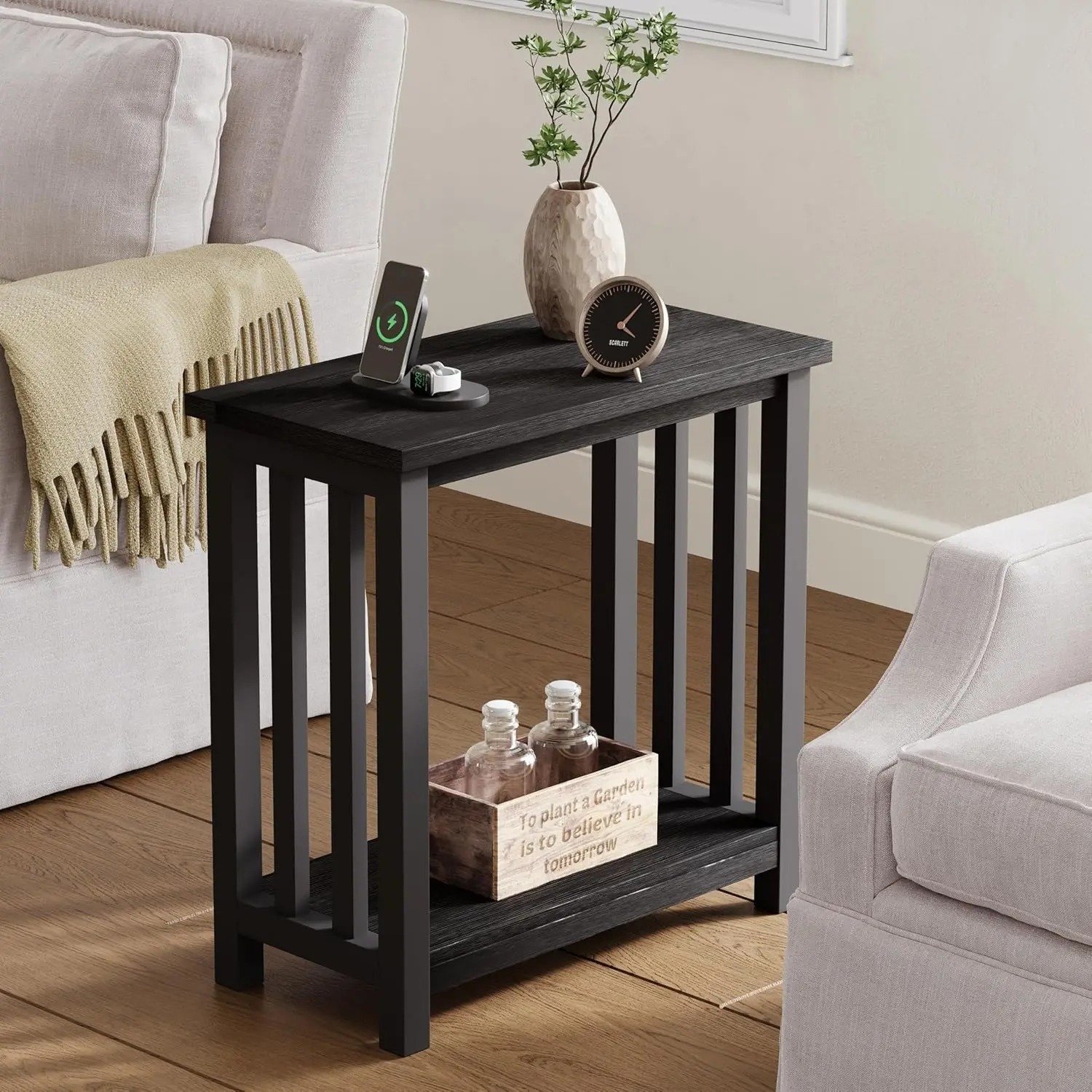 

Mission End Table for Small Spaces, Narrow Side Table, Night stand with Storage Shelf for Living Room and Bedroom, Black