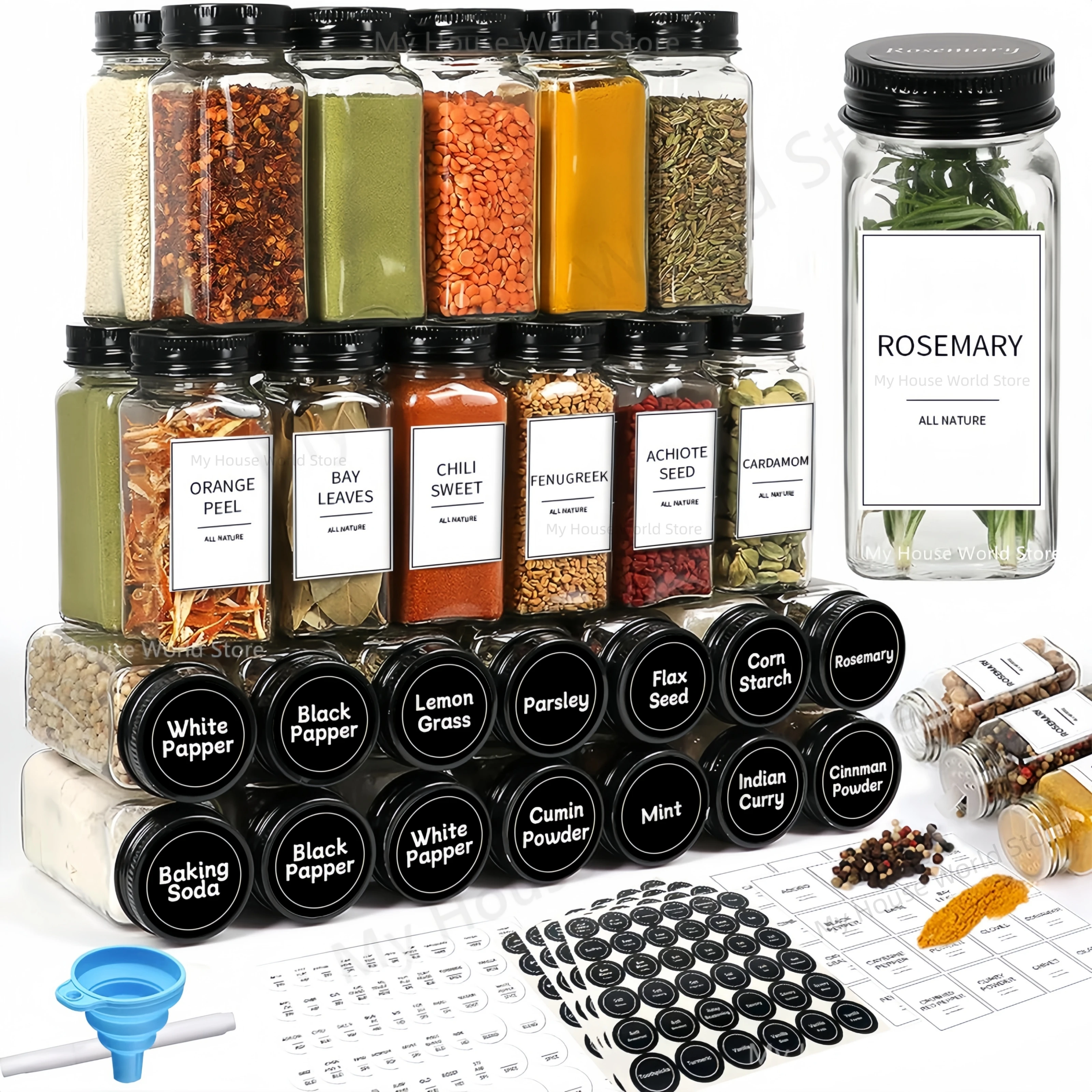 12pcs Spice Jars with Labels Glass Spice Jars with Black Metal Caps Spice Containers with Shaker Lids Seasoning Spices Jar Set