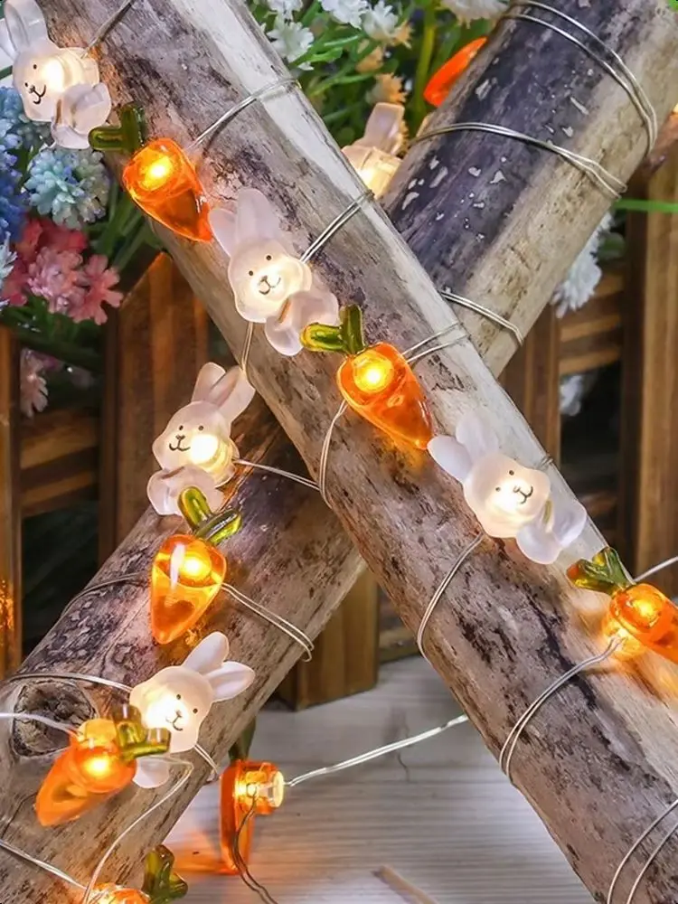 2M 20 Rabbits Carrots Light Decoration Batteries Copper Wire Waterproof LED String Lights Home Outdoor Easter Party Decorations