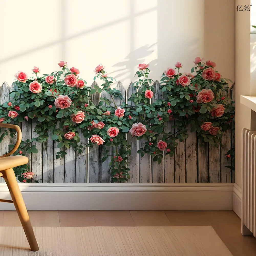 Pink Rose Fence Wall Decals, Vintage White Picket Flower Border Stickers, Romantic Farmhouse Decor for Kitchen Living Room