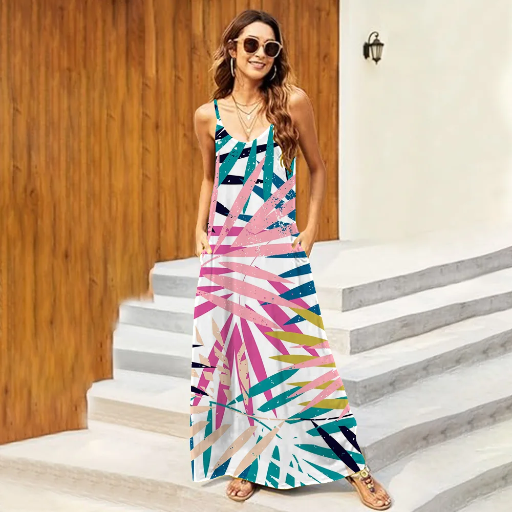 

Summer Bohemia Style Long Dresses Women Beach Style Sleeveless Backless Spaghetti Maxi Dress Print Tanks Sleeve Slim Hip Robe