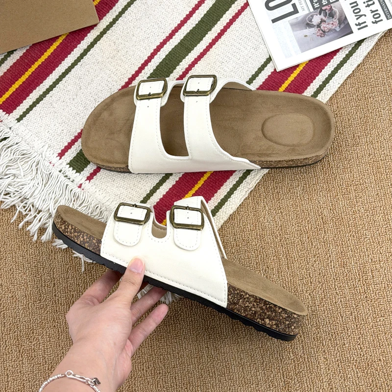 Summer Trend Cork Cool Slippers Couple Double Strap Thick Bottom Outdoor Sandals Anti slip Comfortable Flat Shoes