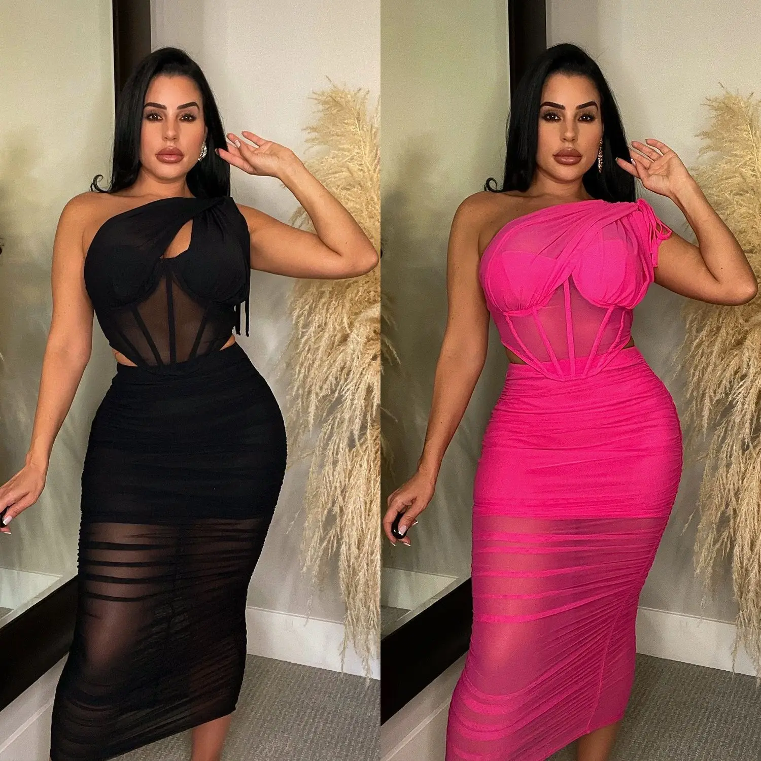 Crystal Autumn One Shoulder Sleeveless Backless Fashion Corset Top  Midi Skirt Set Women Birthday Party Club Wear Fall Outfits