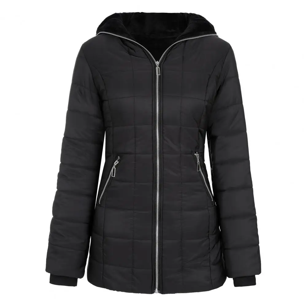 

2026 Women Winter Cotton Coat with Hood Zip-up Plush Lined Padded Down Jacket Winddoof Mid Length Long Sleeve with Elastic Cuffs