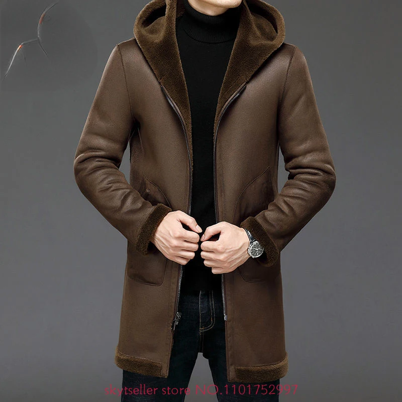 2022 Men's Autumn Winter New Long Sheep Shearling Outwear Male Genuine Wool Warm Coats Men Double-sided Hooded Jackets N13