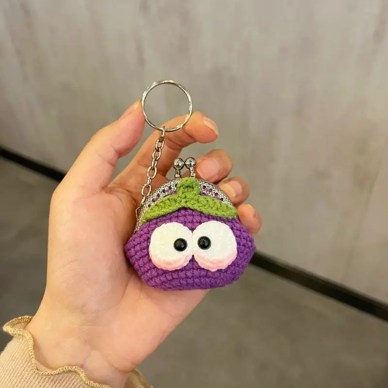 Funny Eggplant Crochet Storage Bag Keyring Creative Animal Doll Knitting Earphone Bag Keychain Handmake Knit Small Bag Pendant