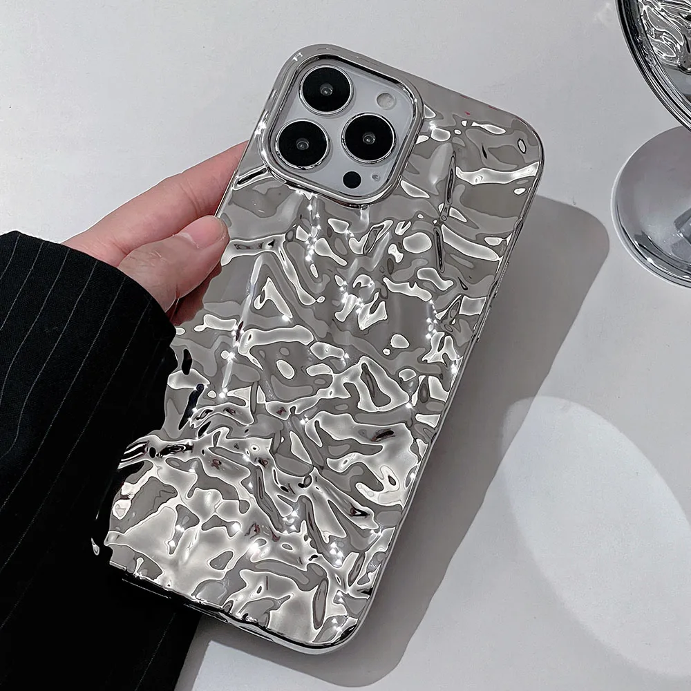 Luxury Silver Tin Paper Phone Case For Iphone 15 14 13 12 11 Pro Max X XS Max XR Water Ripple Shockproof Protection Soft Cover