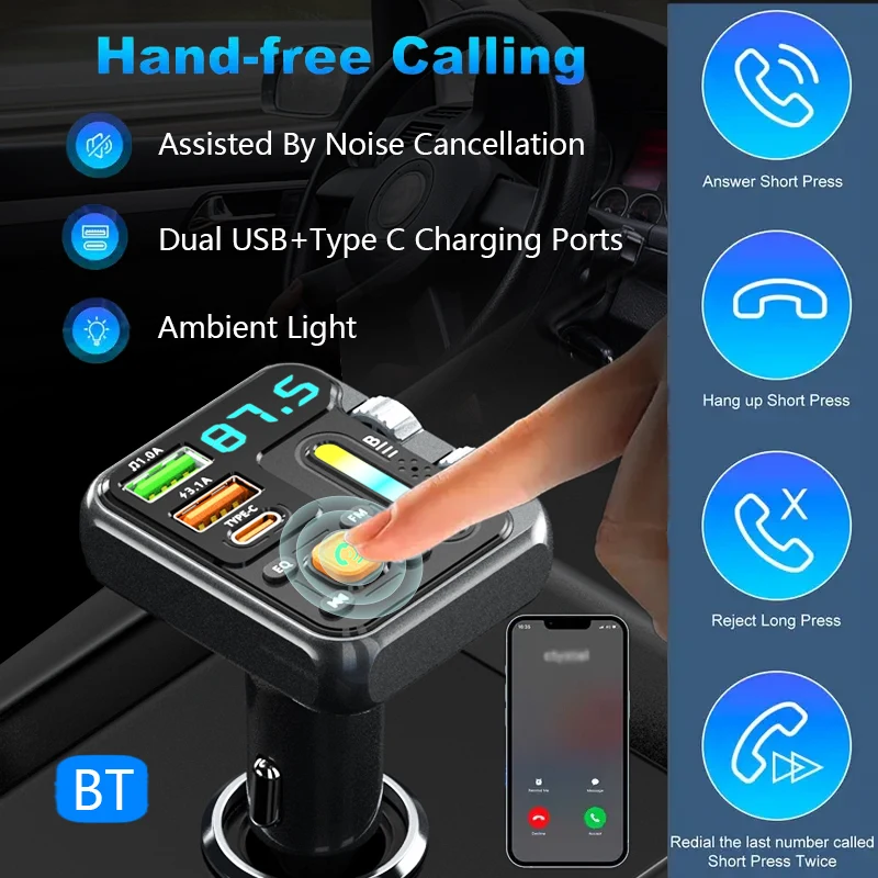 مشغل MP3 للسيارة اللاسلكية، جهاز إرسال FM، شحن سريع USB/PD 3.1A، صوت هاي فاي، شريط إضاءة للموسيقى، تصميم أسطوانة مزدوجة، شاحن سيارة