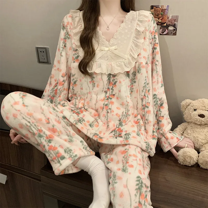 

New Winter Flannel Pajamas Set For Young Girls Warm Coral Fleece V Neck With Lace Pyjama For Women Casual Home Clothing