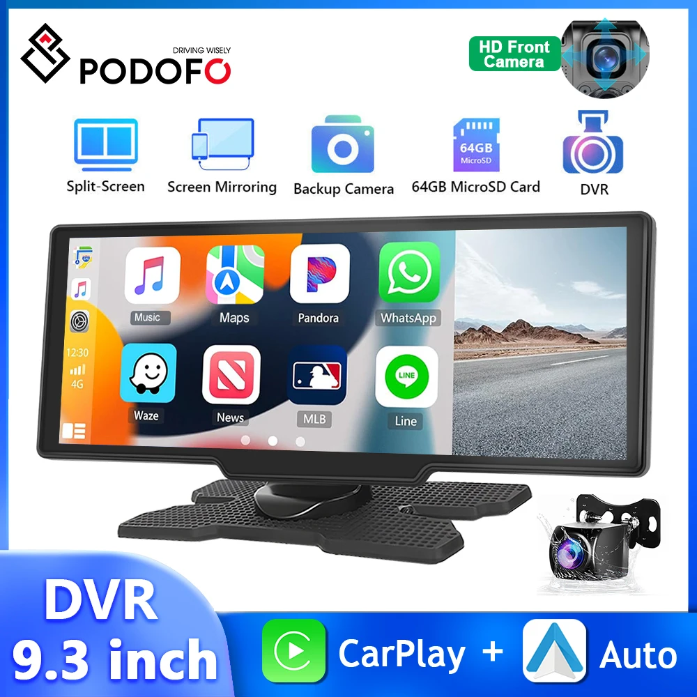 

Podofo 9.3'' Car Monitor Dash Camera Car Mirror Monitor HD Video Player Carplay Android Auto DVR Dashboard GPS Navigation