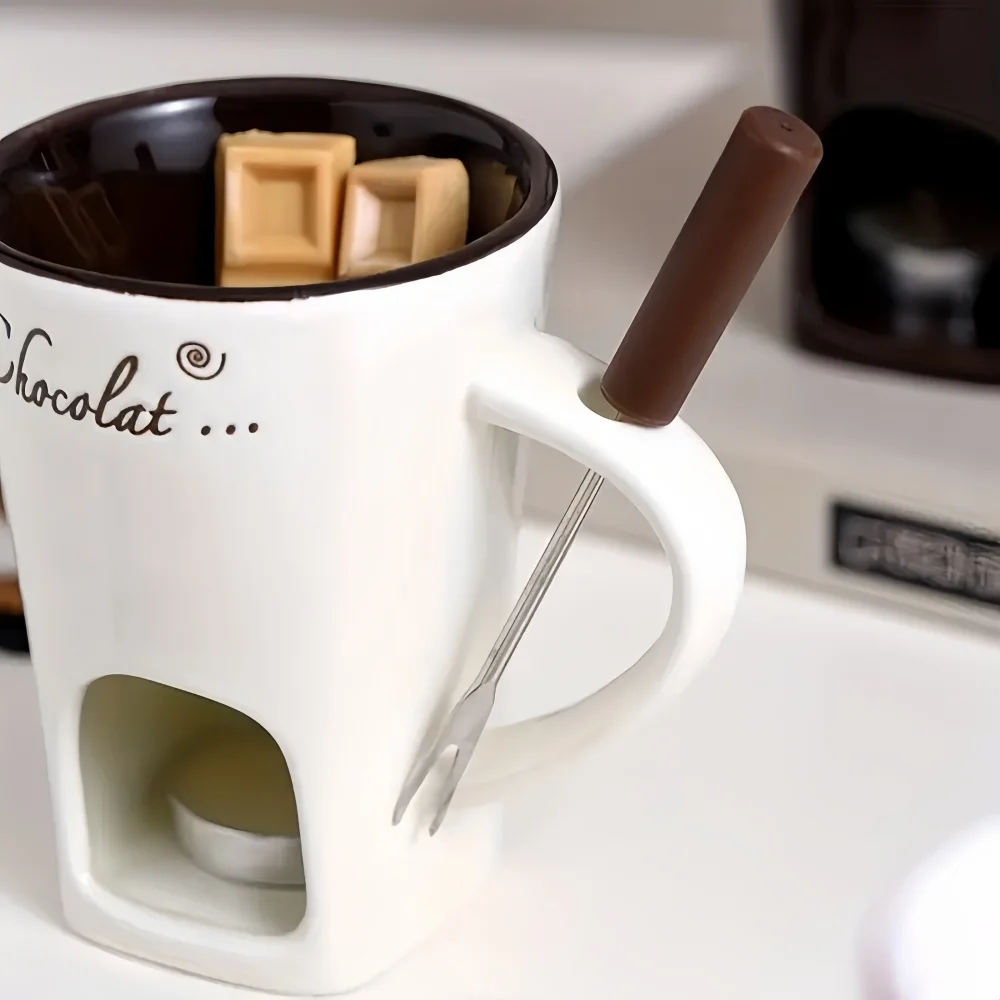 2Pcs Ceramic Chocolate Fondue Mug Set, Mini Cheese Butter Melting Cups with Fork, Tea Light Heating Melter Pot for Candy Dessert