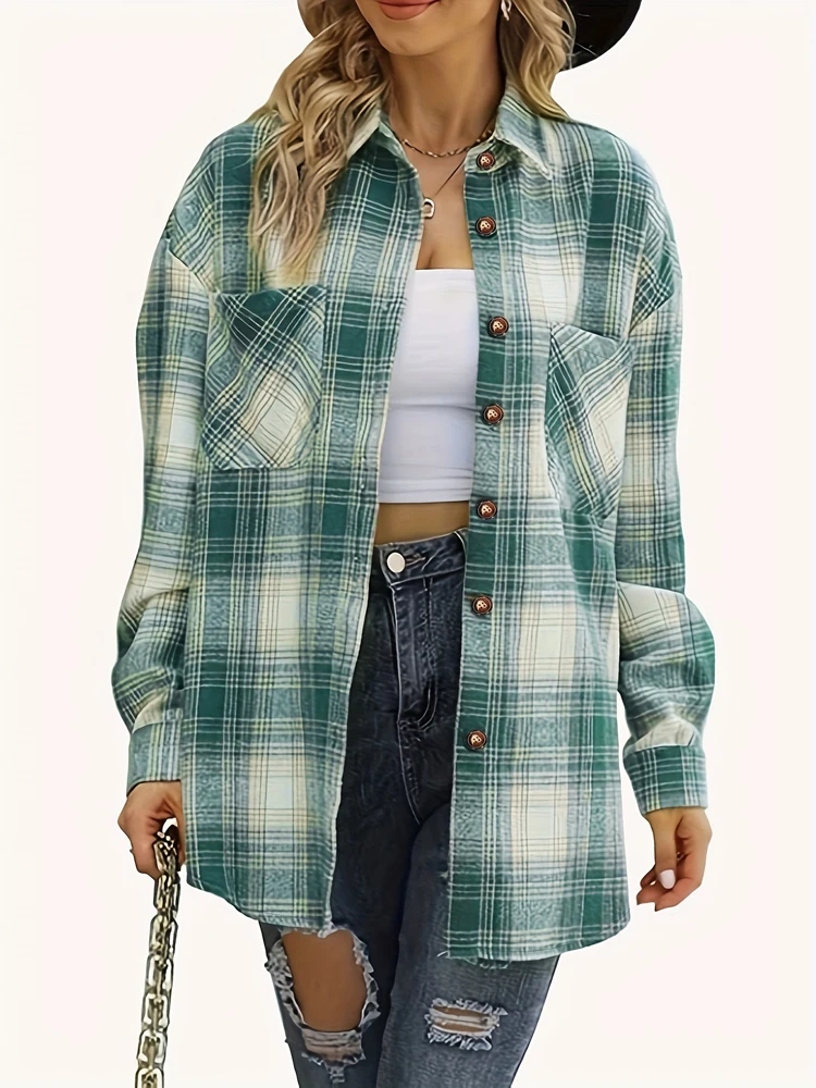 2025 Spring Summer New Women's Fashion Straw Button Flannel Plaid Shirt Jacket Top Polyester Material