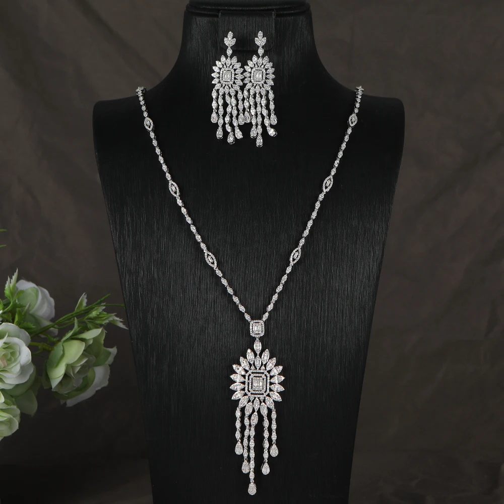 

Luxury Geometry Hollow Square Waterdrop Tassel Cubic Zircon Engagement Dubai Naija Bridal Necklace Earring Jewelry Set S520