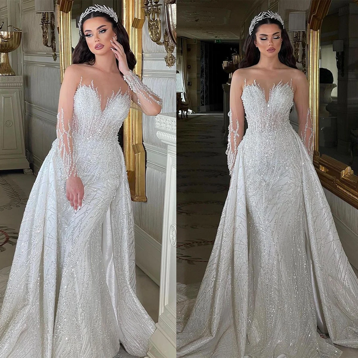 Classic Mermaid Women Wedding Dress Sequins O-Neck Bridal Gown Sweep Train Slim Fit Long Sleeves Dresses vestidos de novia