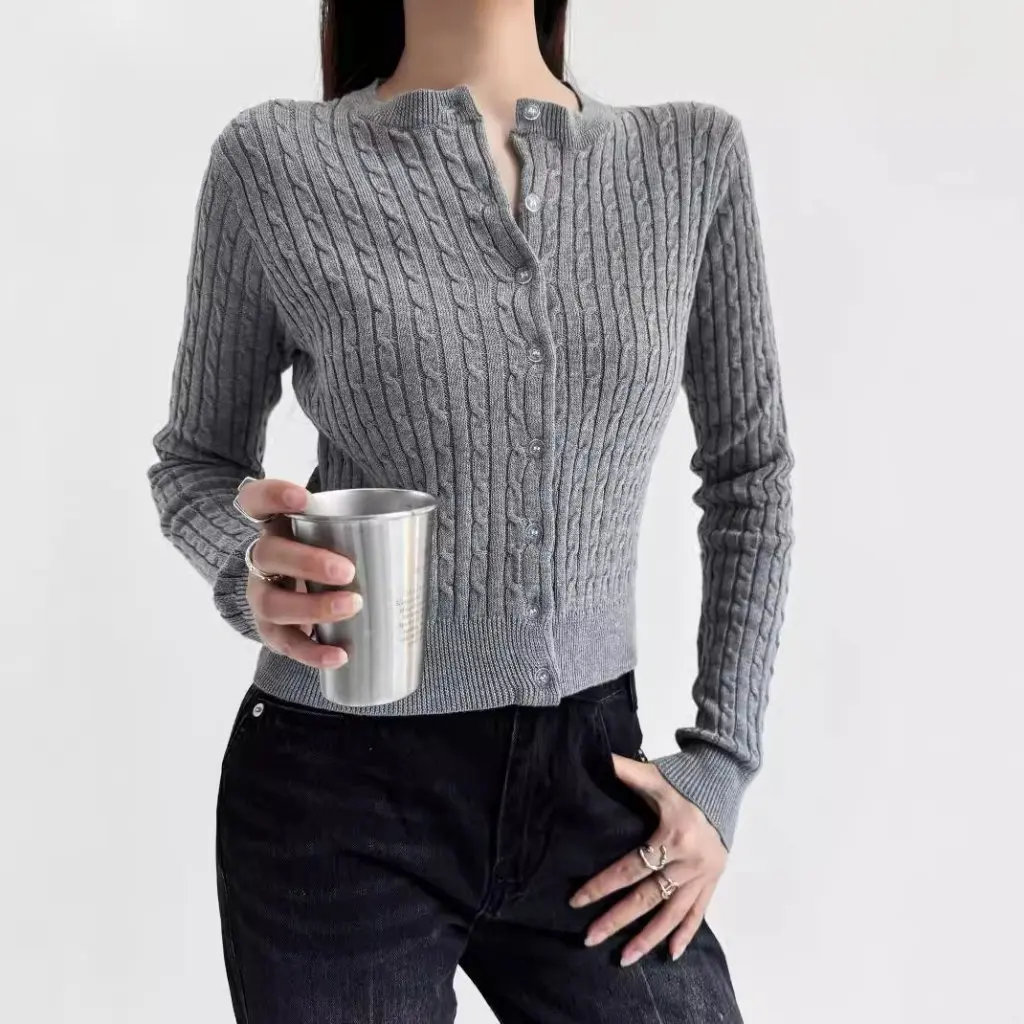 

Women's Slim-fit Long-Sleeved Cardigan Jacket American round Neck Twist Sweater Knitted Outer Top for Autumn New