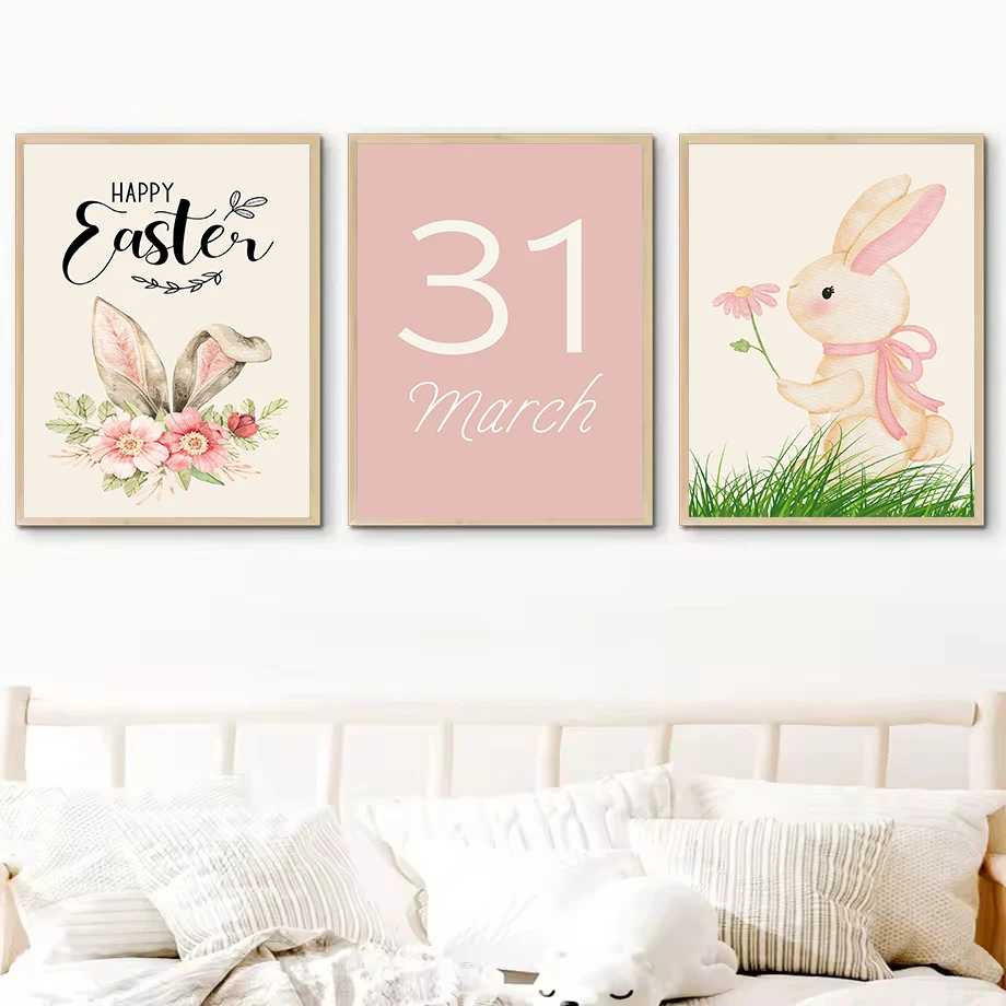 Minimalist Easter Spring Bunny and Flower Holiday Eggs Cartoon Nordic Poster Canvas Painting Wall Art Pictures Home Decor Gift