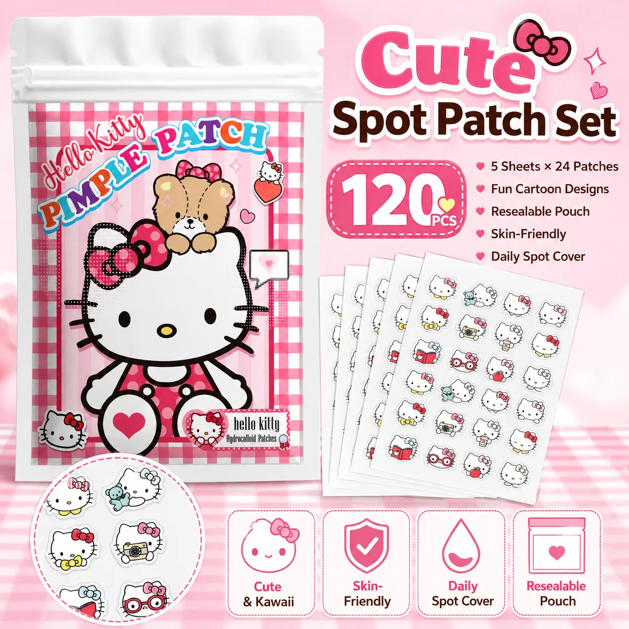 120PCS Parches para el Acné Hello Kitty, Parches Faciales para el Acné, Parches de Hidrogel para Eliminar el Acné, Corrector