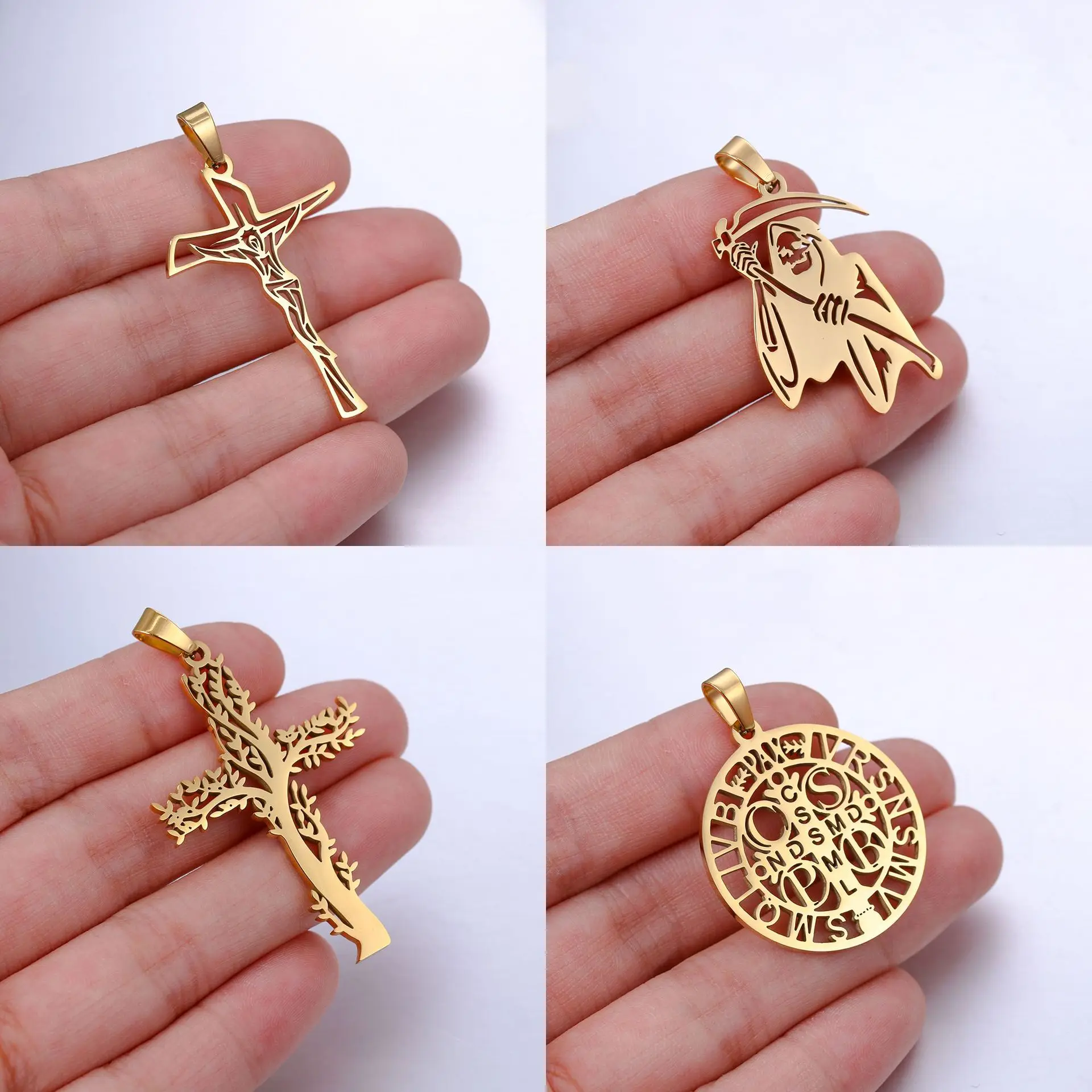 

10Pcs Stainless Catholic Religion Steel Cross Tree of Life Death Pendants Titanium Jewelry Making Diy Necklace Accessories