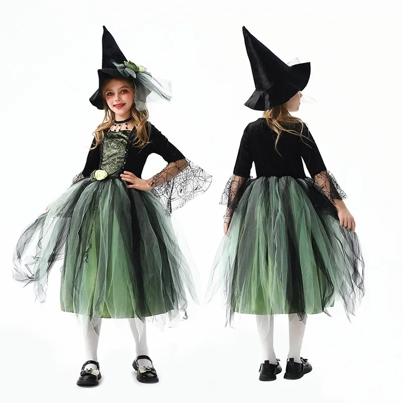 Girls Green Witch Cos Costume Kids Lace Mesh Tulle Dress with Pointed Witch Hat Halloween Carnival Fancy Dress Up Outfit XY46
