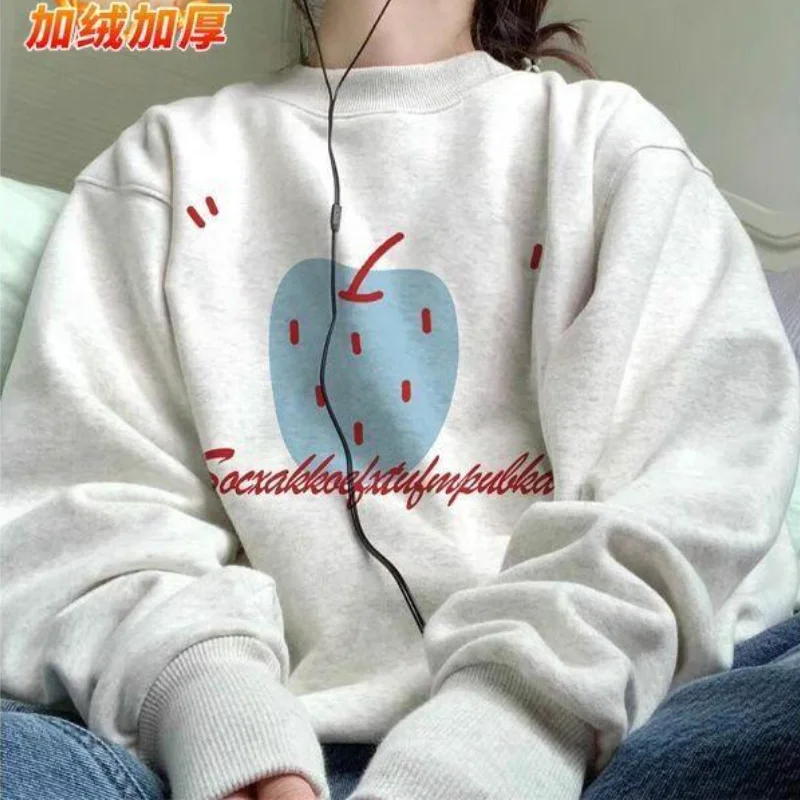 

Модная повседневная женская толстовка с флисовой подкладкой, утолщенная, свободного кроя, для ранней весны, новая, теплая, мягкая, в корейском стиле, с мультяшным принтом